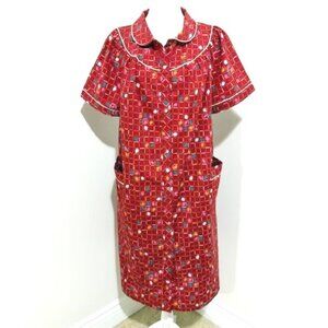 Sears Comfort Coat Vintage Red House Dress Muumuu Front Snaps & Pockets 2XL